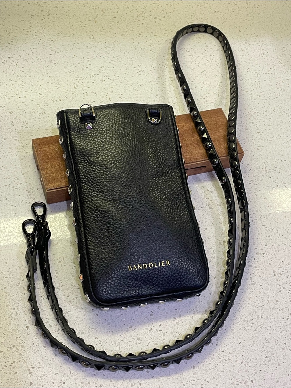 Bandolier Black Studded Leather Crossbody Expanded Pouch and Pyramid Stud strap